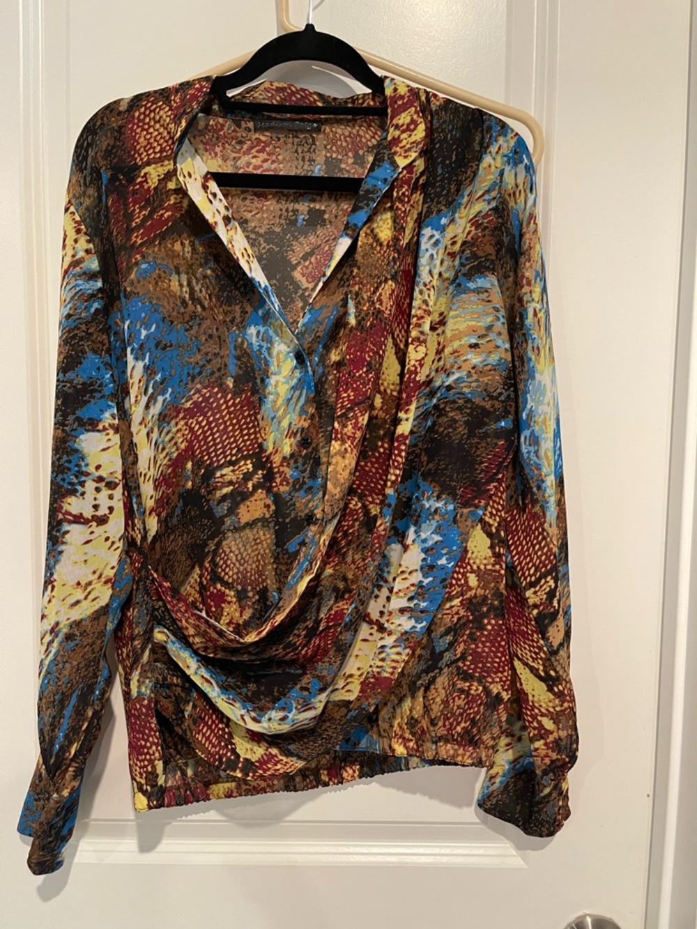 Abstract Draped V-Neck Blouse in Blue, Brown & Red